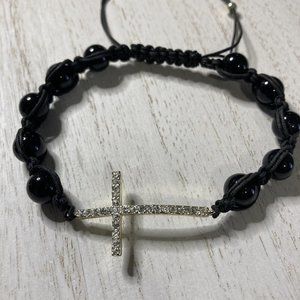 Cross Gold Tone Black Beads Cord Slide Crystals Adjustable Bracelet